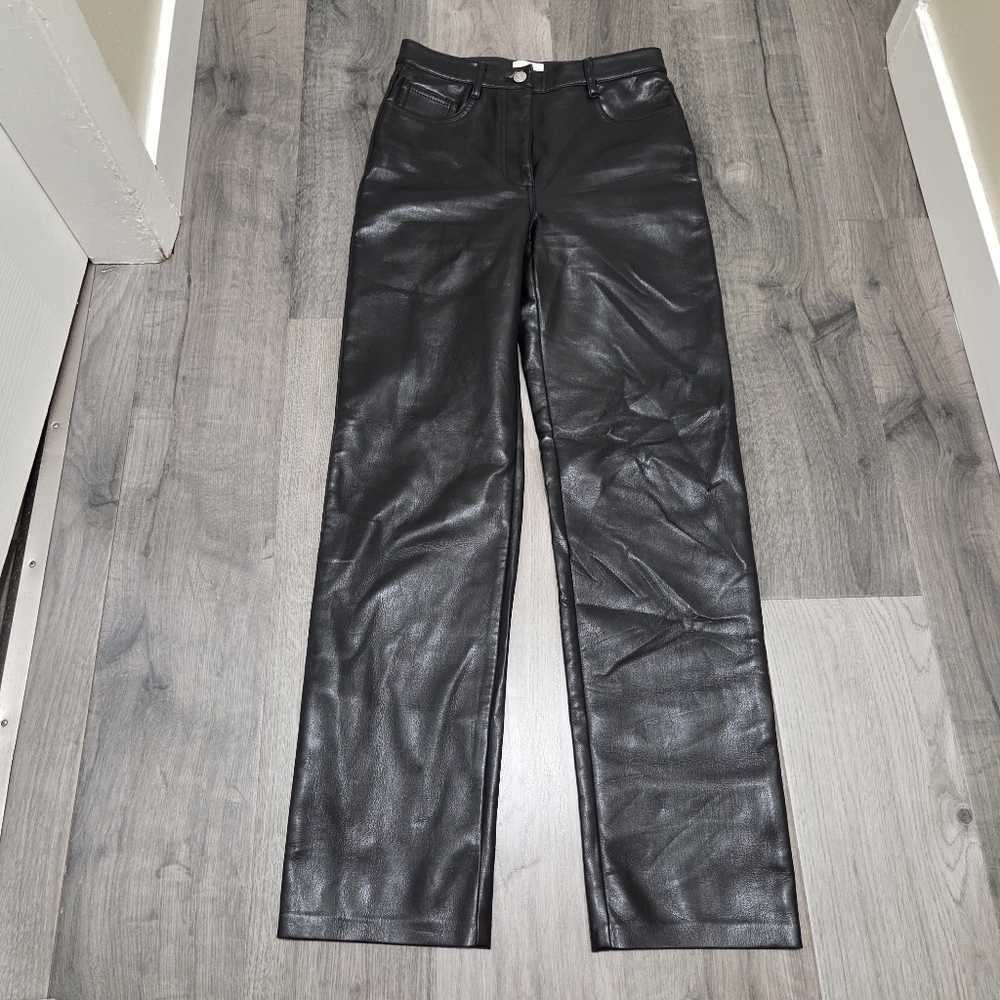 Aritzia Wilfred Black Leather Straight-Leg Pants High-Rise Minimalist Chic Luxe - Picture 2 of 11